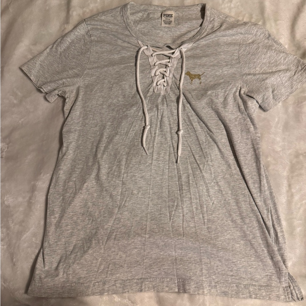 🩶VS PINK~Lightweight Short Sleeve Lace Up Tee